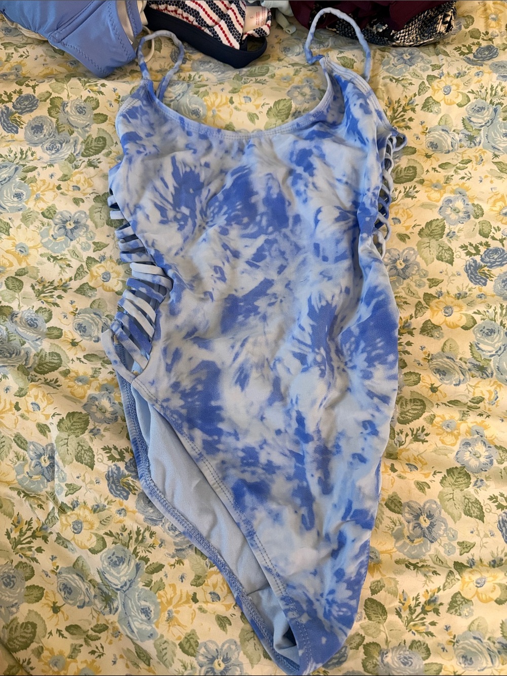 Revamped Blue Tie-Dye One-Piece Swimsuit with Side Cutouts